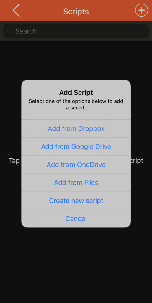 You can import scripts from Dropbox, Google Drive, iCloud and OneDrive