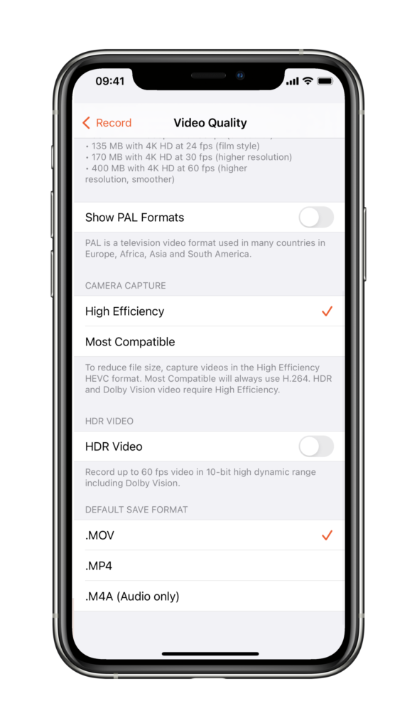 opzioni di qualità video ios hrd mov mp4